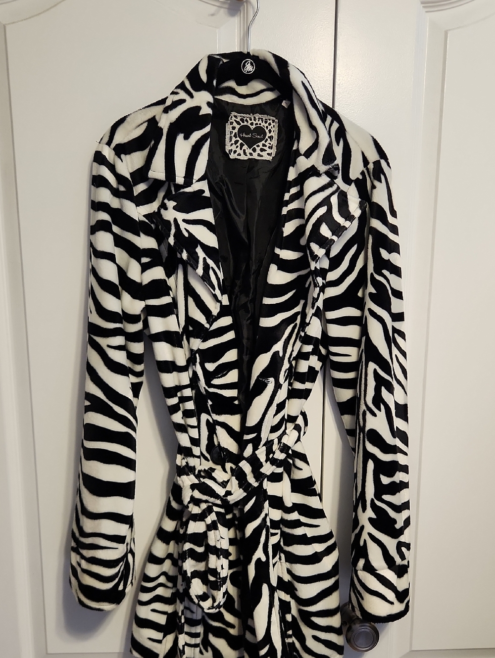 Heart Soul Black & White Zebra-Print Tie-Waist Trench Coat